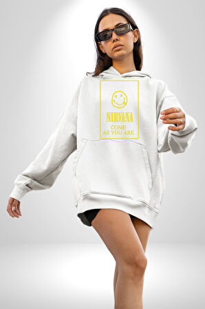 Nirvana Müzik Grubu Kadın Erkek  Beyaz Kapüşonlu Sweatshirt Hoodie