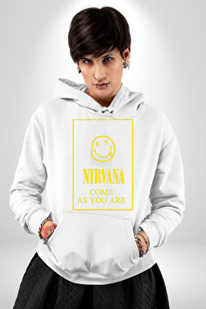 Nirvana Müzik Grubu Kadın Erkek  Beyaz Kapüşonlu Sweatshirt Hoodie