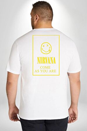 Nirvana Müzik Grubu Büyük Beden Beyaz Tişört Kadın Erkek Ünisex Sırt Baskılı