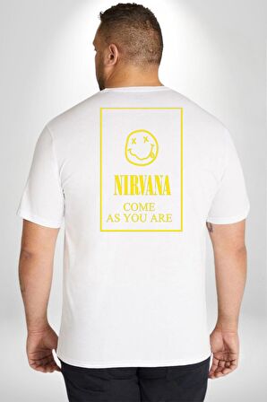 Nirvana Müzik Grubu Büyük Beden Beyaz Tişört Kadın Erkek Ünisex Sırt Baskılı