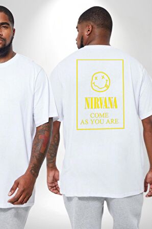 Nirvana Müzik Grubu Büyük Beden Beyaz Tişört Kadın Erkek Ünisex Sırt Baskılı