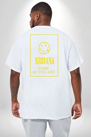 Nirvana Müzik Grubu Büyük Beden Beyaz Tişört Kadın Erkek Ünisex Sırt Baskılı