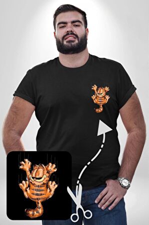 Yaramaz Kedi Garfiel Tırmalama Siyah Büyük Beden Kadın Basic Minimal Baskılı Tişört