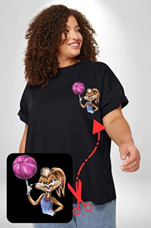 Basketbol Tavşan Lola Bunny  Siyah Büyük Beden Kadın Basic Minimal Baskılı Tişört