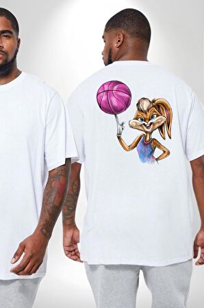 Basketbol Tavşan Lola Bunny  Büyük Beden Beyaz Tişört Kadın Erkek Ünisex Sırt Baskılı
