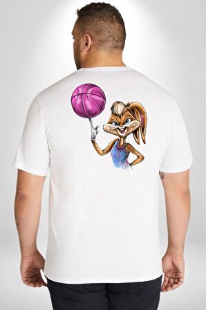 Basketbol Tavşan Lola Bunny  Büyük Beden Beyaz Tişört Kadın Erkek Ünisex Sırt Baskılı