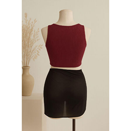 Kadın Bordo Yuvarlak Yaka Crop Ve Siyah Pareo 2'li Set