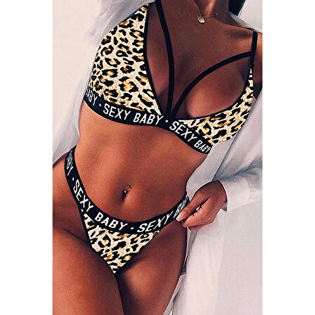 Kadın Leopar Desenli Yazı Detaylı Ipli Sütyen Takımı