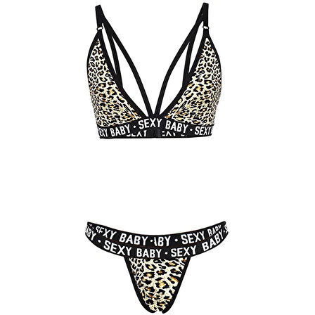 Kadın Leopar Desenli Yazı Detaylı Ipli Sütyen Takımı
