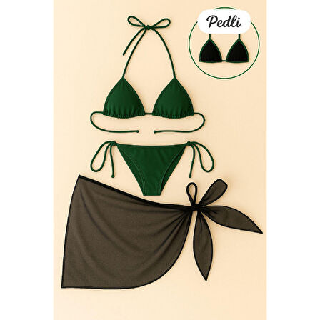 Kadın Yeşil Siyah Pareolu Yandan Ve Boyundan Bağlamalı 3'lü Bikini Takımı