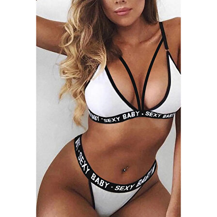 Kadın Beyaz Yazı Detaylı Ipli Sütyen Takımı