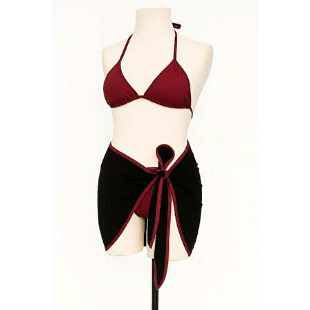 Kadın Bordo Siyah Pareolu Yandan Ve Boyundan Bağlamalı 3'lü Bikini Takımı
