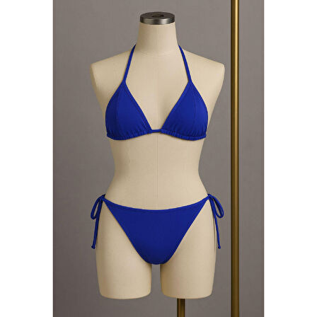 Kadın Mavi Yandan Ve Boyundan Bağlamalı Bikini Mayo Takımı