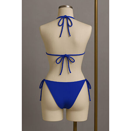 Kadın Mavi Yandan Ve Boyundan Bağlamalı Bikini Mayo Takımı