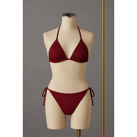Kadın Bordo Yandan Ve Boyundan Bağlamalı Bikini Mayo Takımı