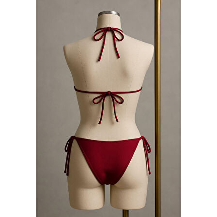 Kadın Bordo Yandan Ve Boyundan Bağlamalı Bikini Mayo Takımı