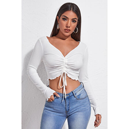 Kadın Beyaz Uzun Kollu Büzdürme Bağcık Detaylı Crop Top Bluz