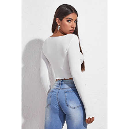 Kadın Beyaz Uzun Kollu Büzdürme Bağcık Detaylı Crop Top Bluz