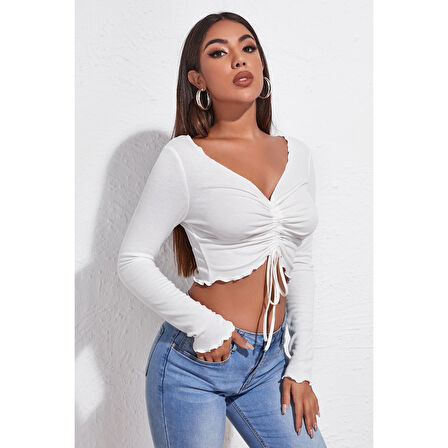 Kadın Beyaz Uzun Kollu Büzdürme Bağcık Detaylı Crop Top Bluz