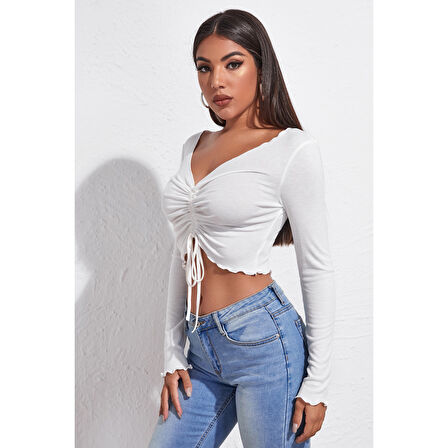 Kadın Beyaz Uzun Kollu Büzdürme Bağcık Detaylı Crop Top Bluz