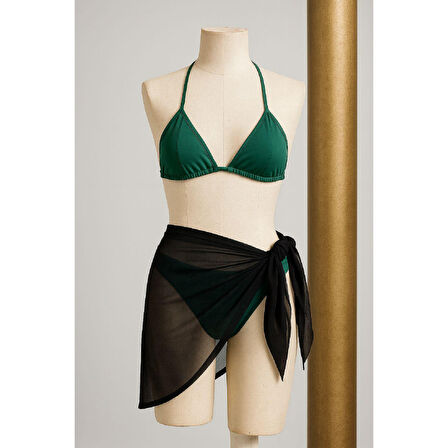 Kadın Yeşil Siyah Pareolu Yandan Ve Boyundan Bağlamalı 3'lü Bikini Takımı
