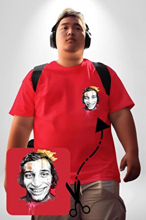 Kemal Sunal Karakalem Kırmızı Büyük Beden Kadın Basic Minimal Baskılı Tişört