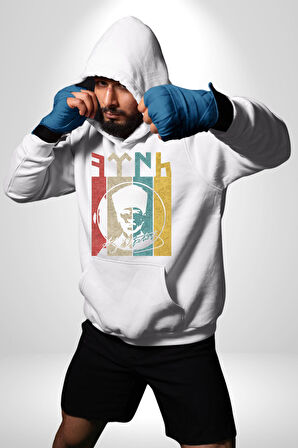 Atatürk İmzalı Türk Logo Kadın Erkek  Beyaz Kapüşonlu Sweatshirt Hoodie