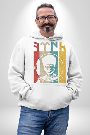 Atatürk İmzalı Türk Logo Kadın Erkek  Beyaz Kapüşonlu Sweatshirt Hoodie