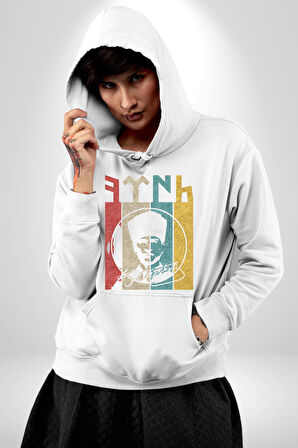 Atatürk İmzalı Türk Logo Kadın Erkek  Beyaz Kapüşonlu Sweatshirt Hoodie