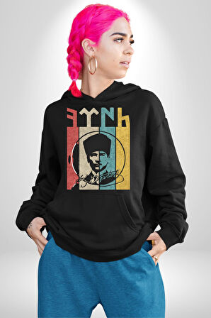 Atatürk İmzalı Türk Logo Kadın Erkek  Siyah Kapüşonlu Sweatshirt Hoodie