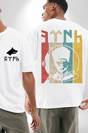 Atatürk İmzalı Türk Logo Beyaz Oversize Kadın Erkek Ön ve Sırt Baskılı Tişört