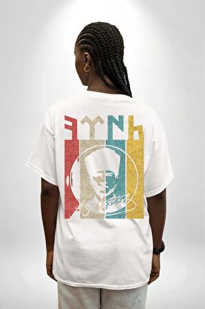 Atatürk İmzalı Türk Logo Beyaz Oversize Kadın Erkek Ön ve Sırt Baskılı Tişört