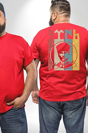 Atatürk İmzalı Türk Logo Büyük Beden Kırmızı Tişört Kadın Erkek Ünisex Sırt Baskılı