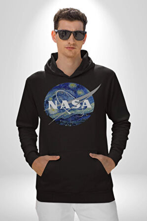 Nasa Logo Kadın Erkek  Siyah Kapüşonlu Sweatshirt Hoodie