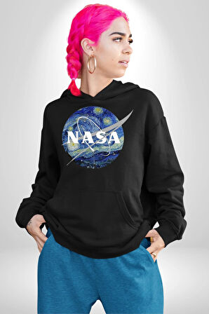 Nasa Logo Kadın Erkek  Siyah Kapüşonlu Sweatshirt Hoodie