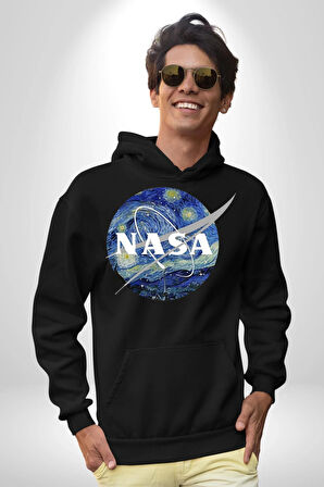 Nasa Logo Kadın Erkek  Siyah Kapüşonlu Sweatshirt Hoodie