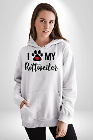 Köpek Sevgisi Rottweiler  Kadın Erkek  Beyaz Kapüşonlu Sweatshirt Hoodie