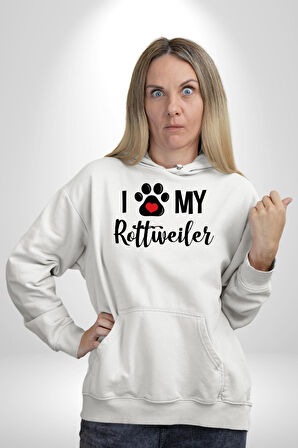 Köpek Sevgisi Rottweiler  Kadın Erkek  Beyaz Kapüşonlu Sweatshirt Hoodie