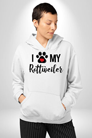 Köpek Sevgisi Rottweiler  Kadın Erkek  Beyaz Kapüşonlu Sweatshirt Hoodie