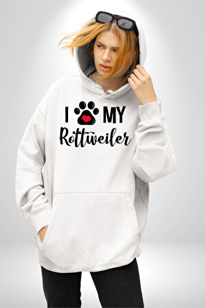 Köpek Sevgisi Rottweiler  Kadın Erkek  Beyaz Kapüşonlu Sweatshirt Hoodie