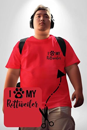 Köpek Sevgisi Rottweiler  Kırmızı Büyük Beden Kadın Basic Minimal Baskılı Tişört