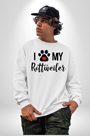 Köpek Sevgisi Rottweiler  Kadın Erkek Beyaz Sweatshirt 