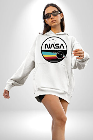 Nasa Uzay Tasarımı Kadın Erkek  Beyaz Kapüşonlu Sweatshirt Hoodie