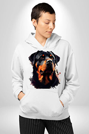 Sulu Boya Rottweiler Kadın Erkek  Beyaz Kapüşonlu Sweatshirt Hoodie