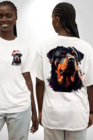 Sulu Boya Rottweiler Beyaz Oversize Kadın Erkek Ön ve Sırt Baskılı Tişört