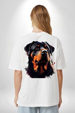 Sulu Boya Rottweiler Beyaz Oversize Kadın Erkek Ön ve Sırt Baskılı Tişört