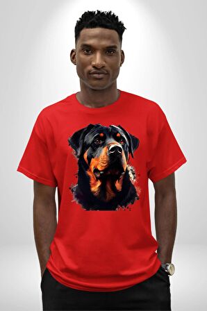 Sulu Boya Rottweiler Pamuklu Bisiklet Yaka Kadın Erkek Oversize Boyfriend Dijital Baskılı Kırmızı T-shirt