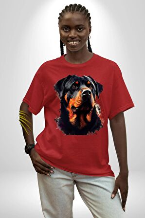 Sulu Boya Rottweiler Pamuklu Bisiklet Yaka Kadın Erkek Oversize Boyfriend Dijital Baskılı Kırmızı T-shirt