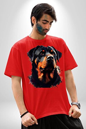 Sulu Boya Rottweiler Pamuklu Bisiklet Yaka Kadın Erkek Oversize Boyfriend Dijital Baskılı Kırmızı T-shirt
