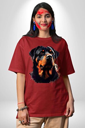 Sulu Boya Rottweiler Pamuklu Bisiklet Yaka Kadın Erkek Oversize Boyfriend Dijital Baskılı Kırmızı T-shirt